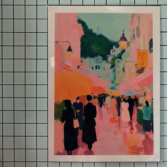 Pastel Rainy Old Town Street Market Glowing Umbrellas Cityscape Art Print