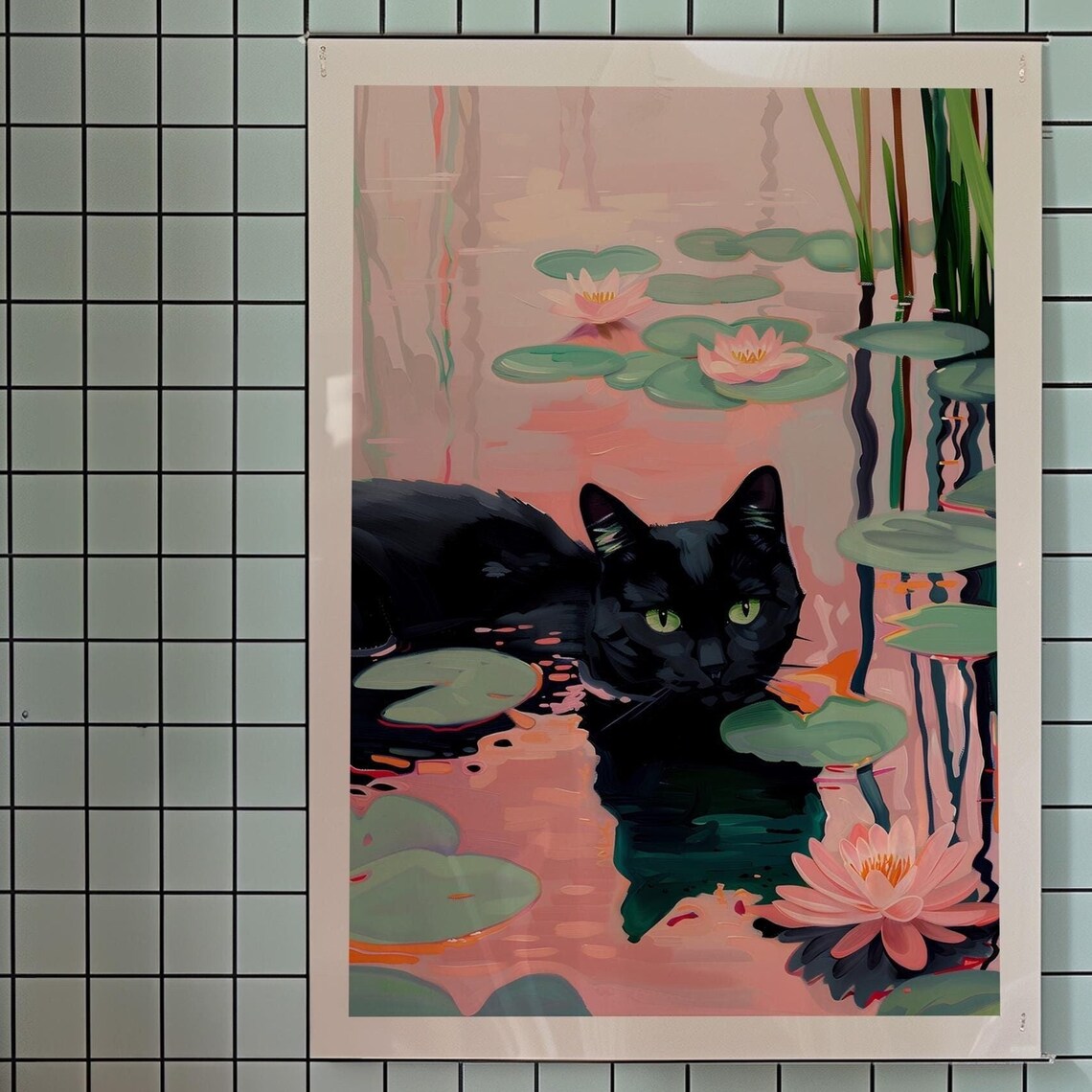 Black Cat Lily Pond Lotus Flowers Pink Maximalist Floral Poster