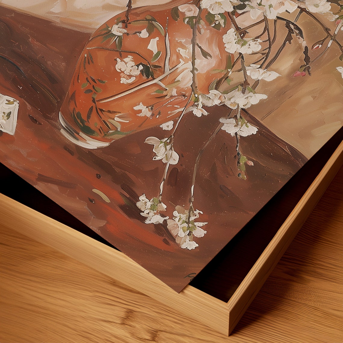 White Cherry Blossoms in Coral Vase Still Life Oil Painting Poster - Image 2