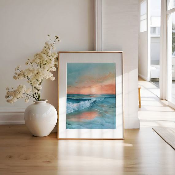 Turquoise Waves Coral Sunset Sky Dreamy Abstract Ocean Poster