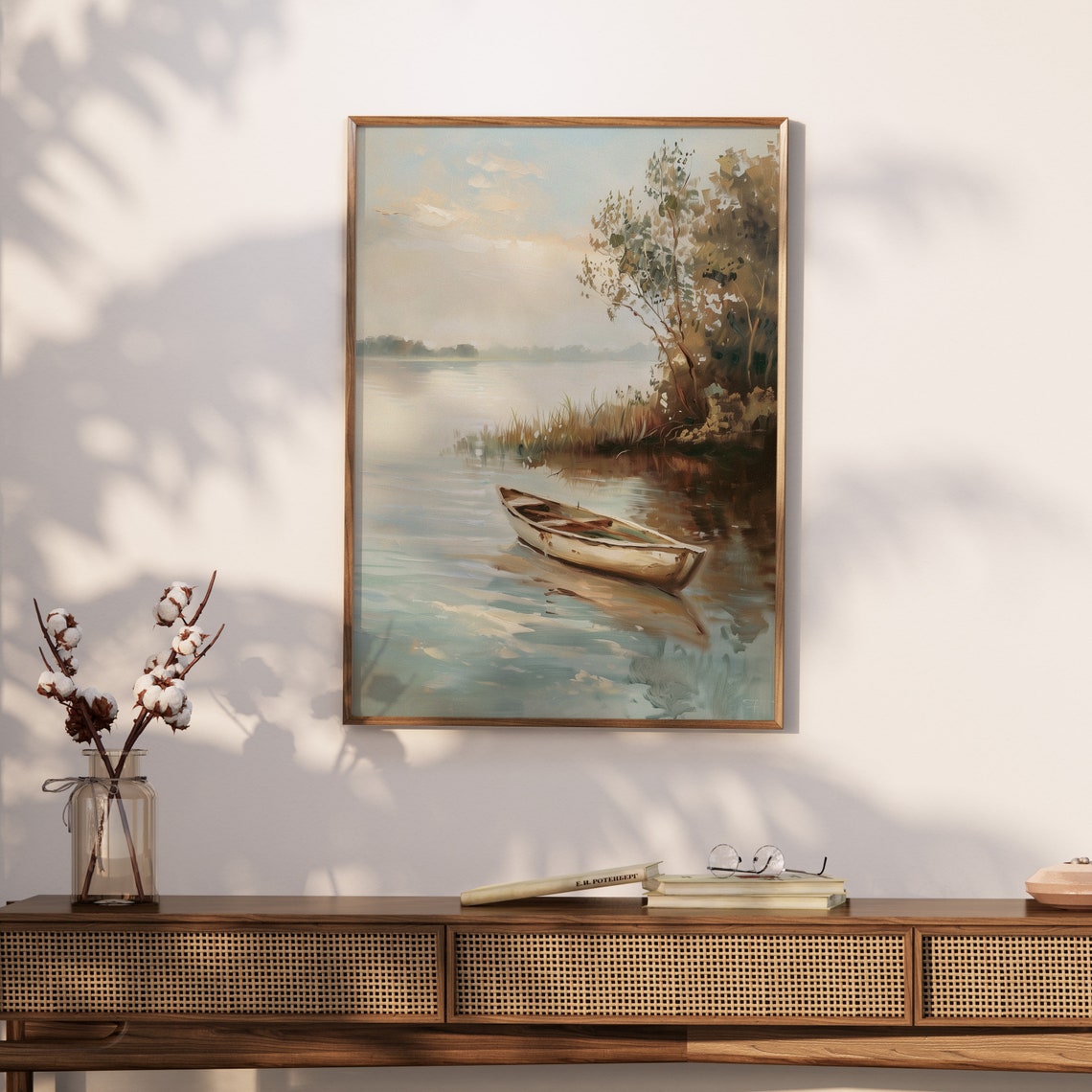 Vintage Wooden Rowboat on Calm Lake Misty Morning Oil Poster - Image 3