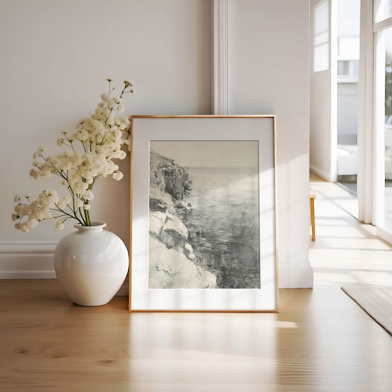 Dramatic Rocky Cliff Charcoal Pencil Sketch Coastal Drawing Wall Art