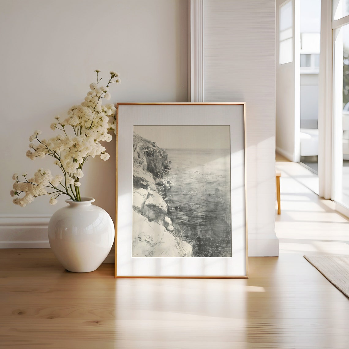 Dramatic Rocky Cliff Charcoal Pencil Sketch Coastal Drawing Wall Art