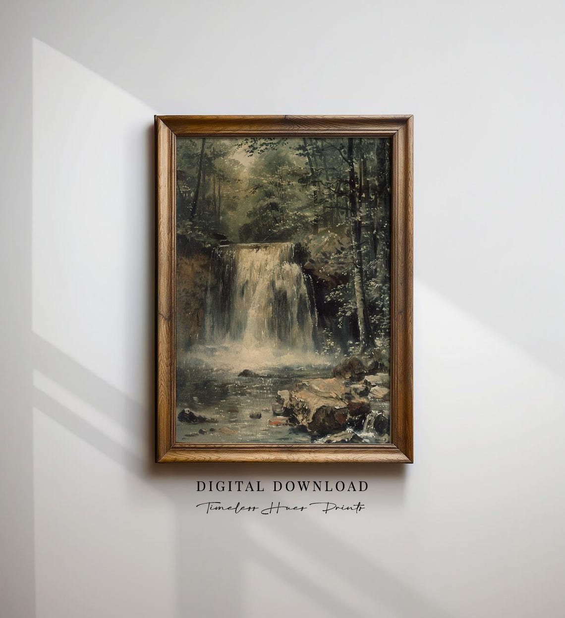 Moody Forest Waterfall Vintage Oil Painting Dark Woodland Wall Art