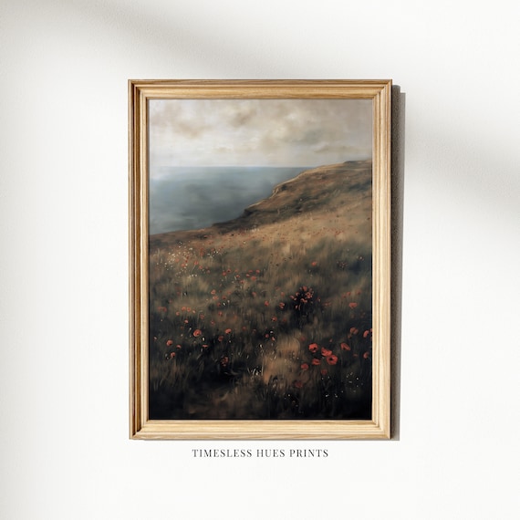Moody Coastal Meadow Painting Flower Field Landscape Art Coastal Scene Serene Hillside Floral Landscape Poppy Fields Wall Art