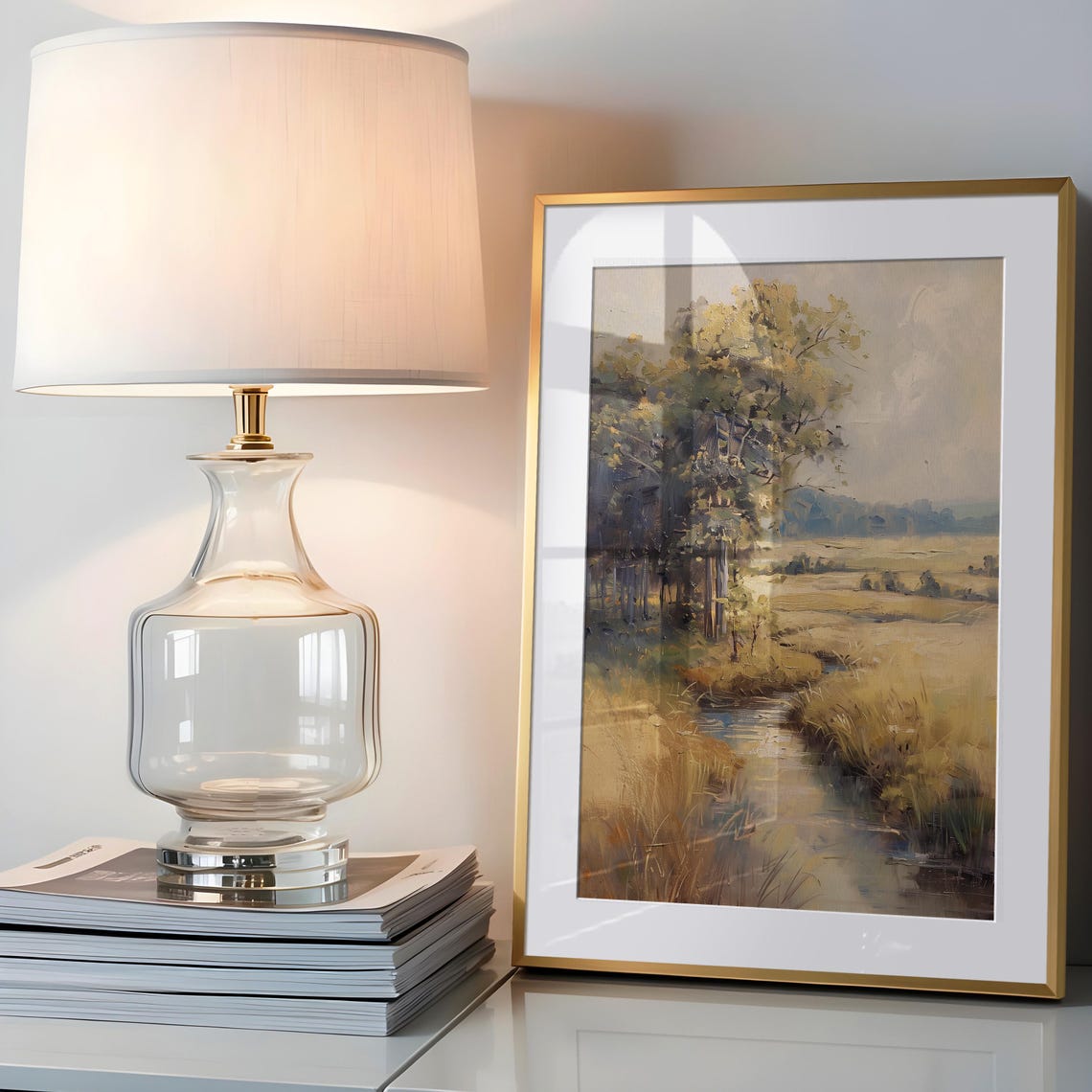 English Countryside Art Vintage Pastoral Scene With Creek Golden Meadow Oil Painting Print Farmhouse Wall Decor