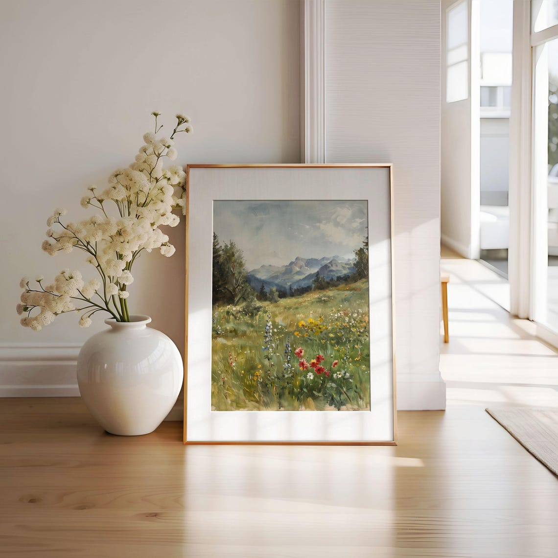 Wildflower Meadow with Mountain Peaks Impressionist Watercolor Poster