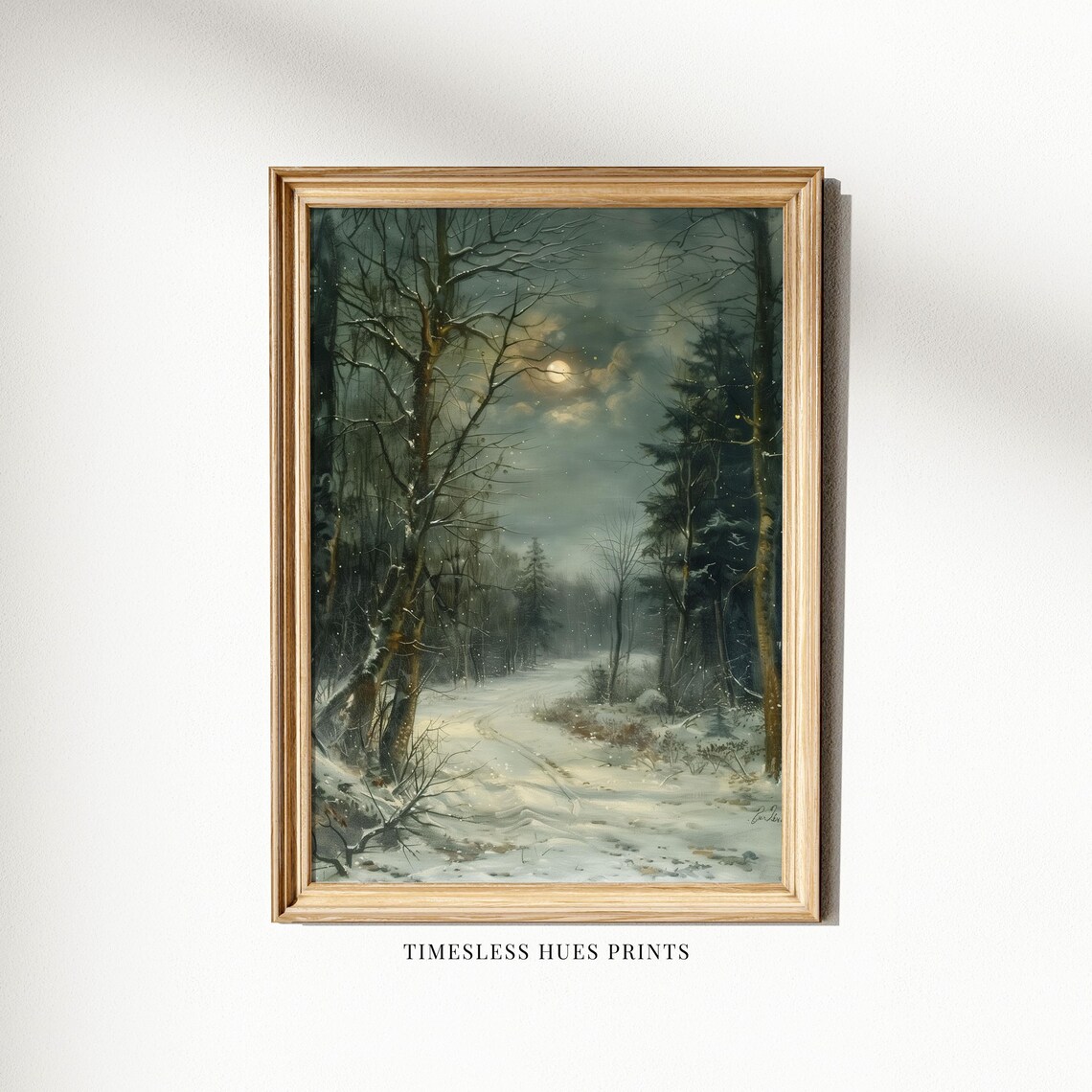 Moonlit Snowy Forest Path Winter Night Vintage Landscape Painting Poster - Image 3