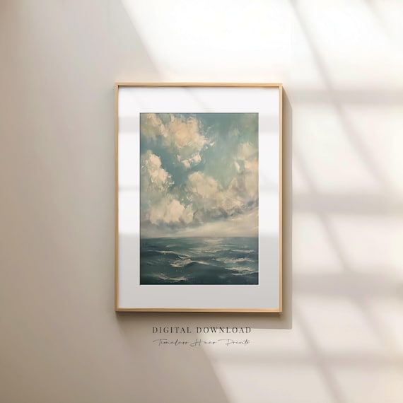 Ocean Waves Cloudy Sky Oil Painting Moody Blue Seascape Wall Art