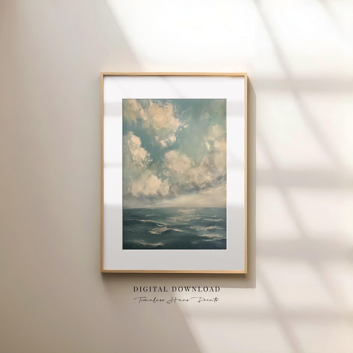 Ocean Waves Cloudy Sky Oil Painting Moody Blue Seascape Wall Art