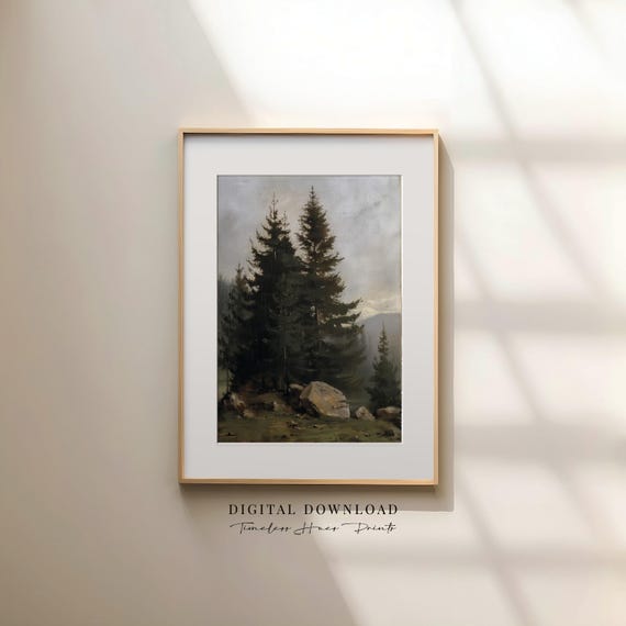 Pine Tree Oil Painting Moody Forest Print Vintage Dark Academia Decor Rustic Landscape Wall Art Antique Style