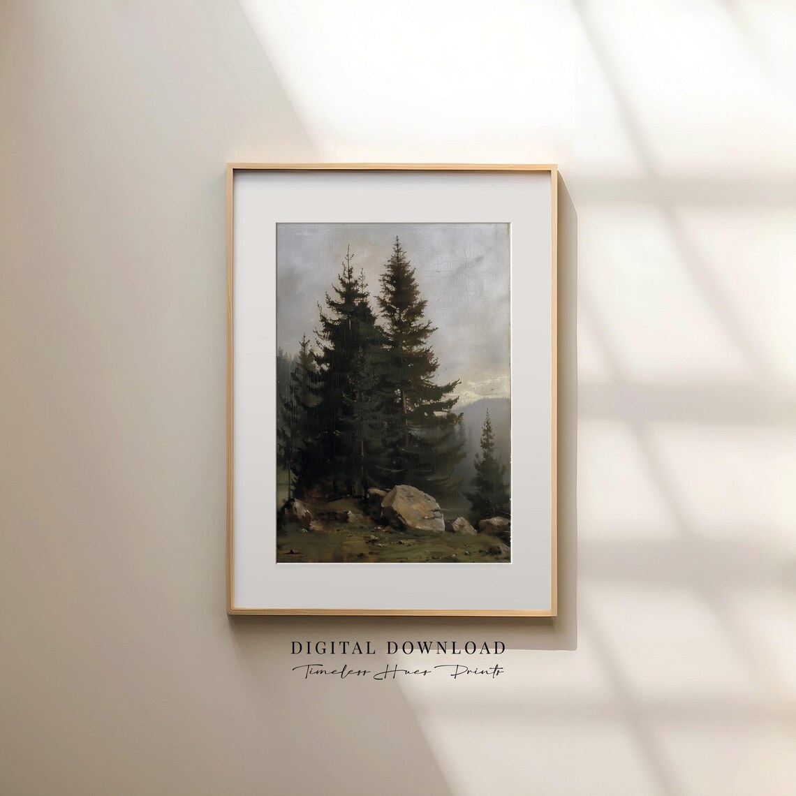 Dark Pine Forest Vintage Oil Painting Moody Woodland Wall Art