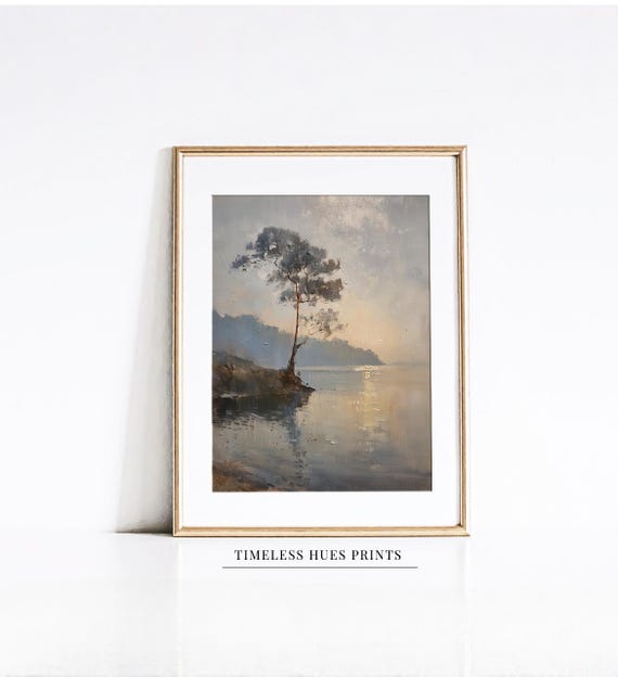 Lone Tree Oil Painting Misty Moody Coastal Landscape Lake Foggy Morning Art Hazy Sunrise
