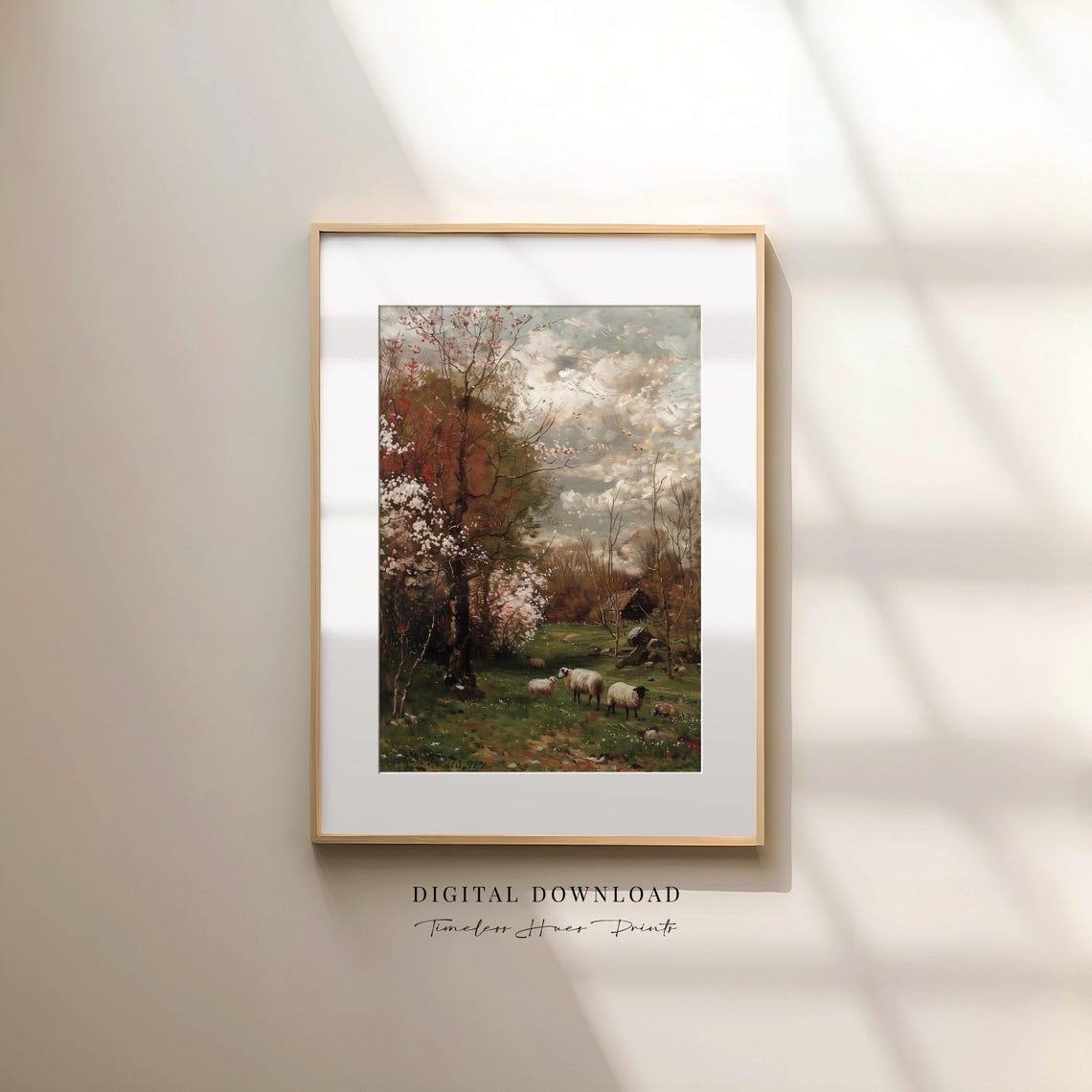 Grazing Sheep Spring Countryside Bloom Vintage Landscape Wall Art