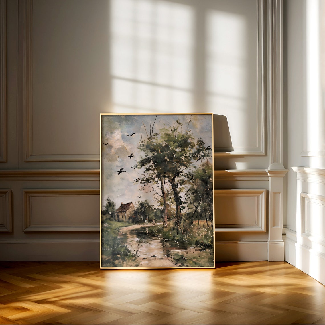Serene Country Road with Stone Cottage and Stream Impressionist Poster - Image 2