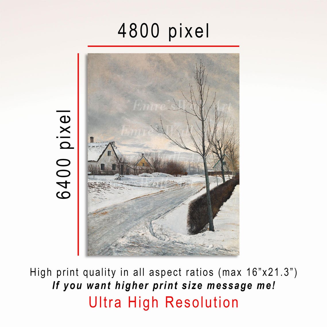 Neutral Winter Landscape Painting Snowy Country Wall Decor Vintage Christmas Holiday Art Print Winter Oil Painting - Image 3