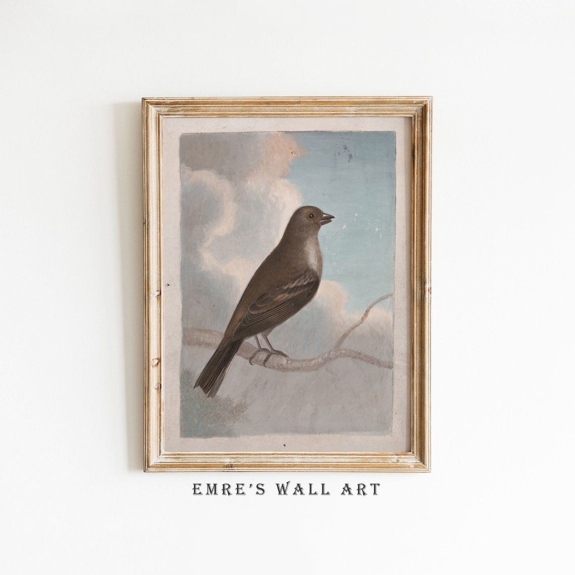 Brown Songbird on Branch Vintage Bird Illustration Cloudy Sky Poster