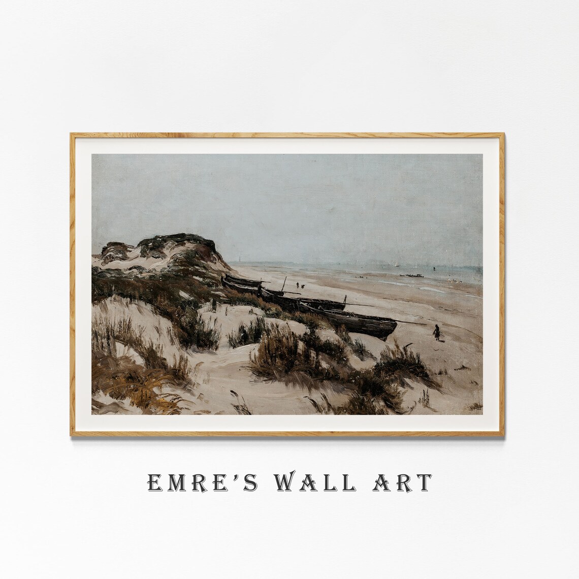 Muted Neutral Beach Painting Sand Dunes Boats Calm Sea Coastal Poster - Image 4