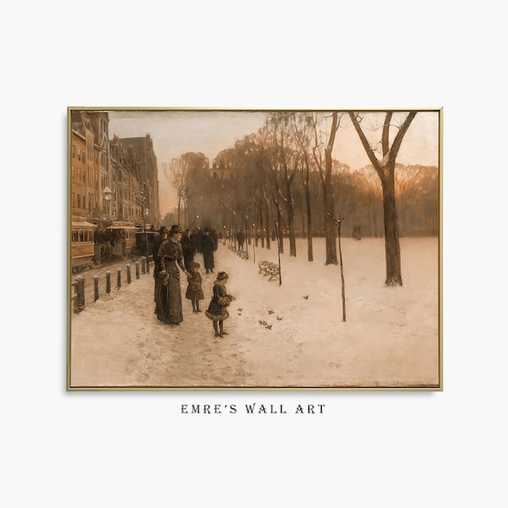 Snowy City Avenue Winter Park Figures Vintage Street Scene Poster