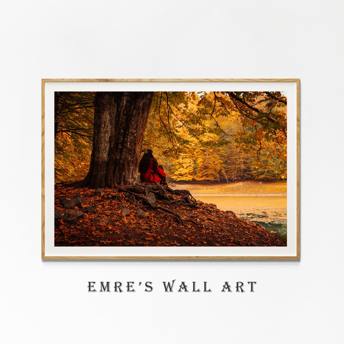 Woman in Red Coat Autumn Tree Golden Lake Shore Photo Poster - Image 4