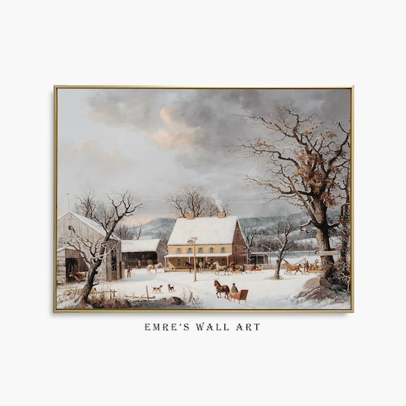 Winter Farmhouse Horses Sleigh Snow Vintage Country Scene Painting Poster