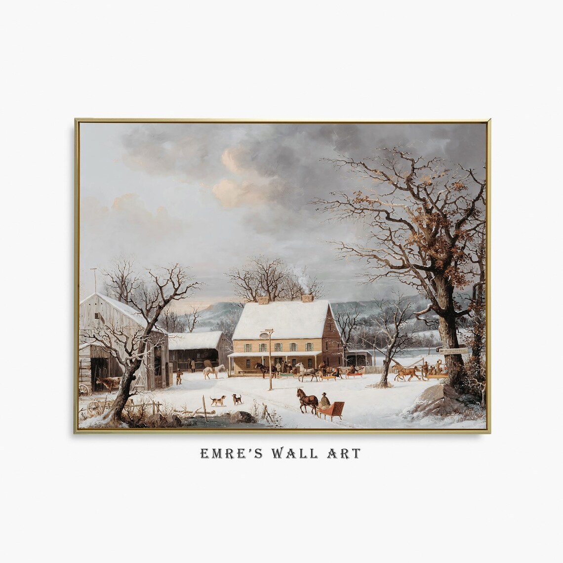 Winter Farmhouse Horses Sleigh Snow Vintage Country Scene Painting Poster