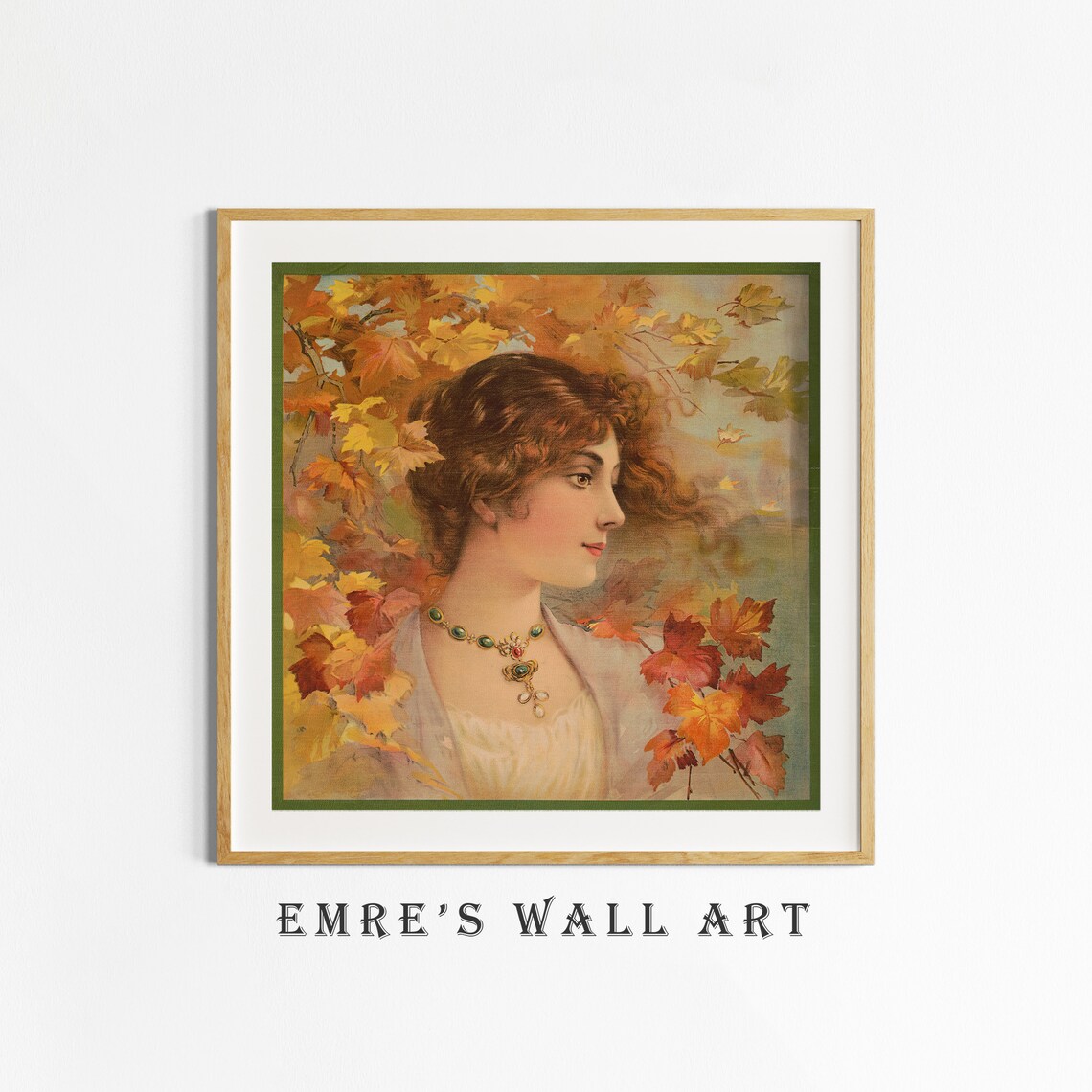 Vintage Autumn Woman Portrait Maple Leaves Green Pendant Jewelry Poster - Image 4