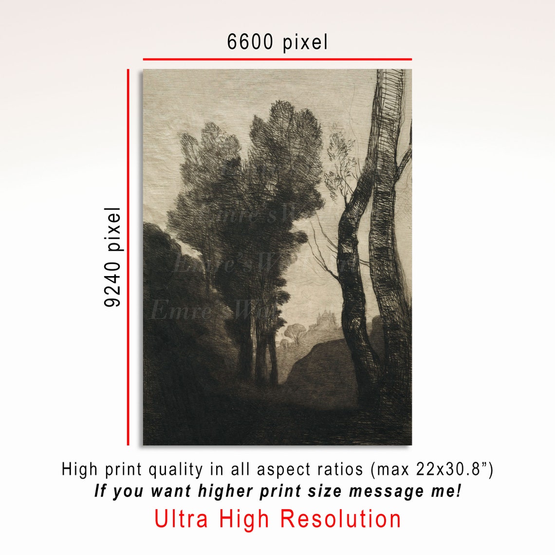 Neutral Country Sketch Art Print Vintage Rustic Landscape Home Decor Antique Tree Drawing Vintage Sketch - Image 3