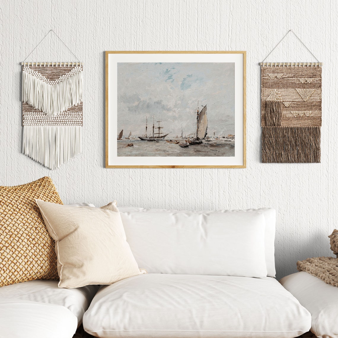Vintage Tall Ships Seascape Soft Gray Ocean Painting Art Poster - Image 2