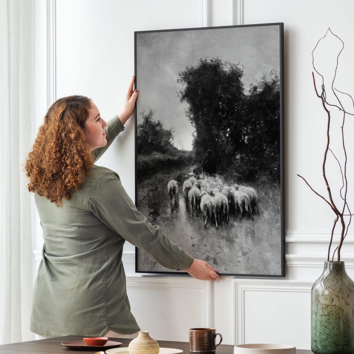 Flock of Sheep Walking Down Country Path Black and White Poster - Image 4