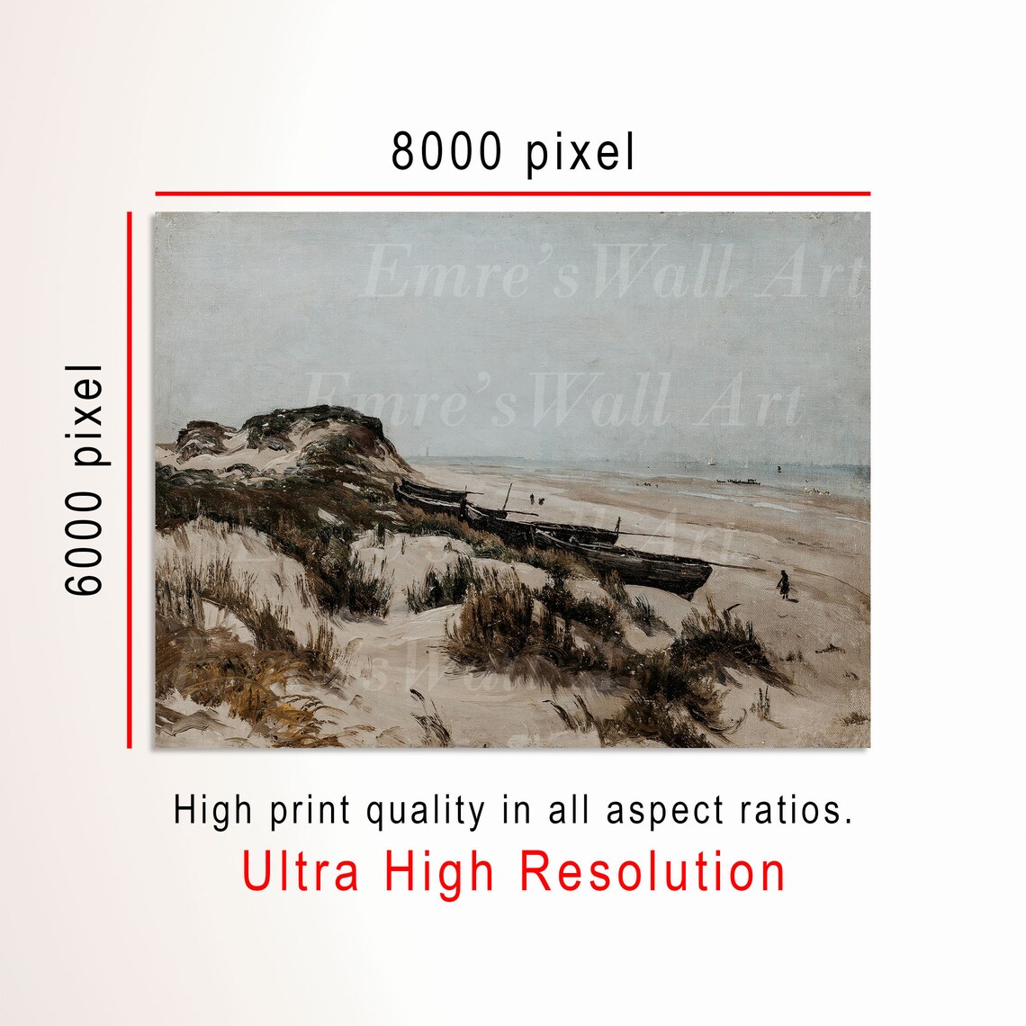 Muted Neutral Beach Painting Sand Dunes Boats Calm Sea Coastal Poster - Image 3