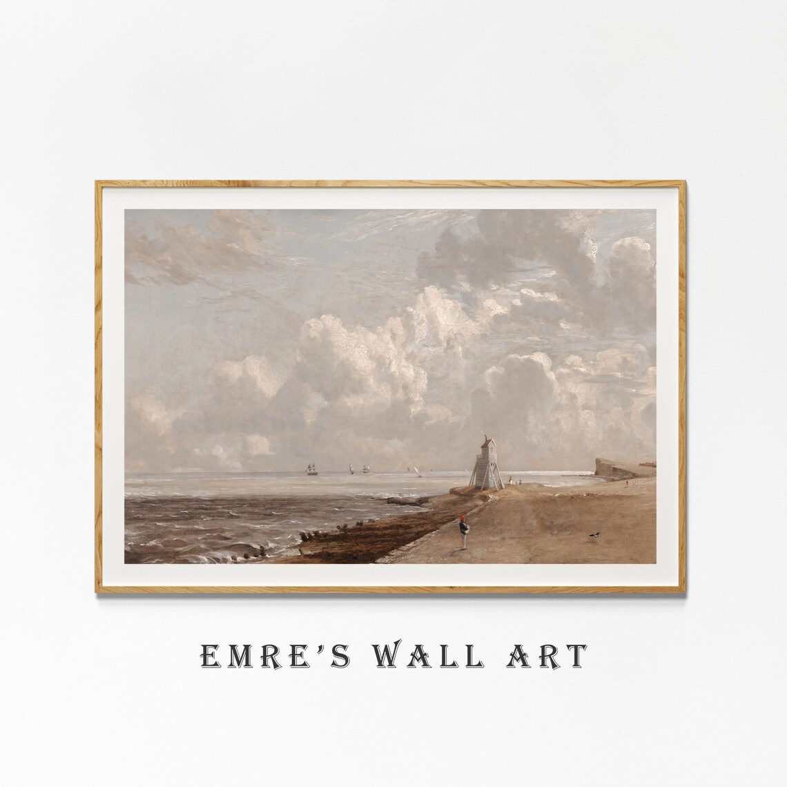 Vintage Coastal Painting Beach With Watchtower Ships Cloudy Sky Art Poster - Image 4