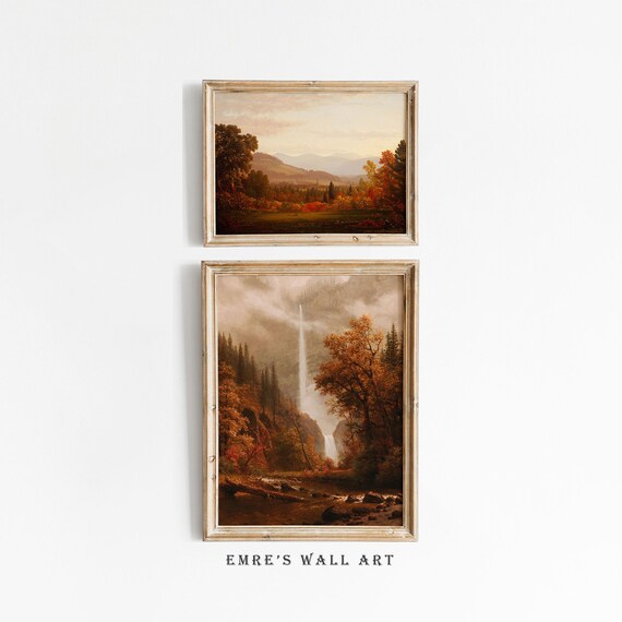 Autumn Valley and Waterfall Mountain Two Piece Landscape Set Poster