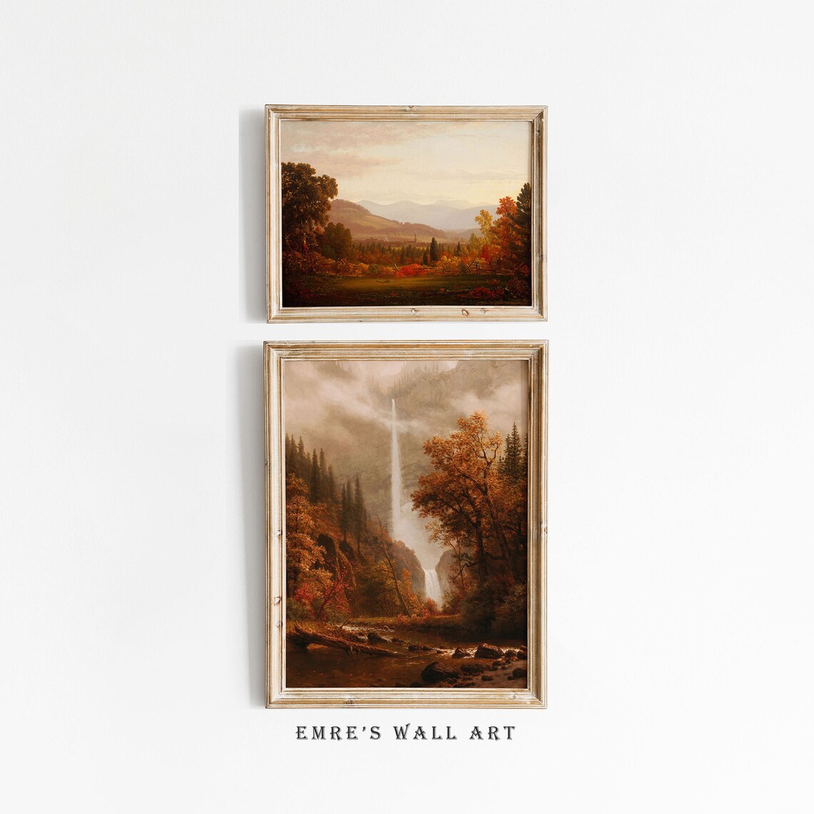 Autumn Valley and Waterfall Mountain Two Piece Landscape Set Poster