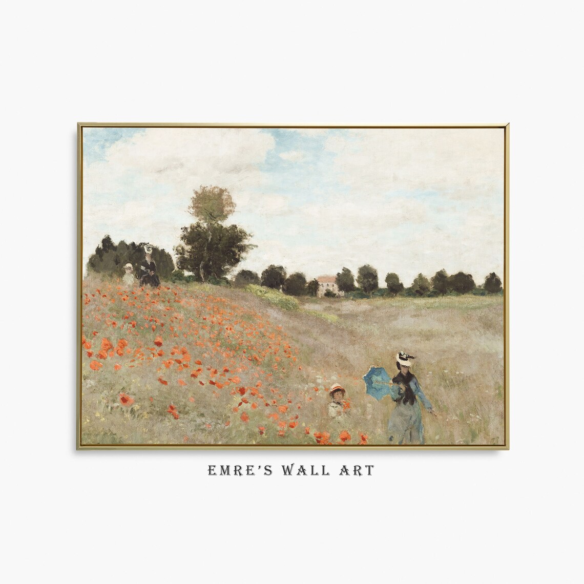 Red Poppy Field with Women Impressionist Summer Meadow Art Poster