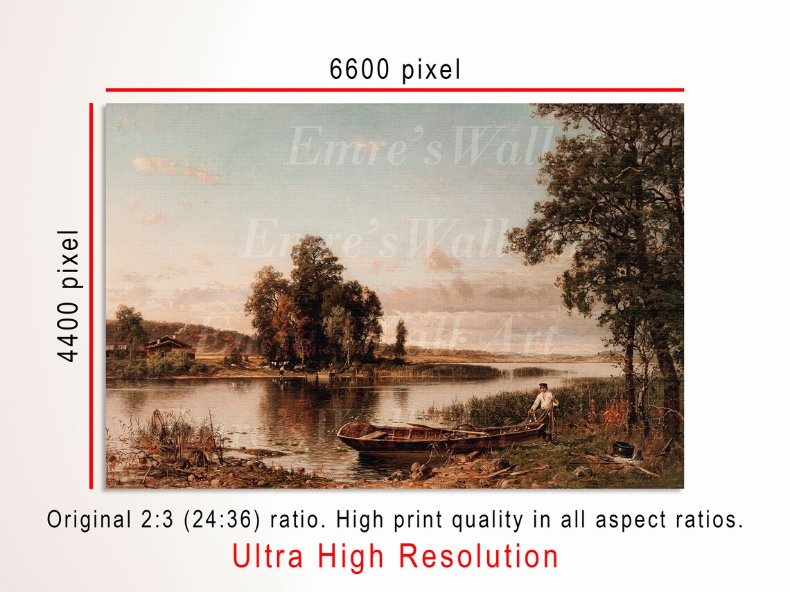 Calm Lake Rowboat Fisherman Shore Vintage Landscape Scene Poster - Image 3