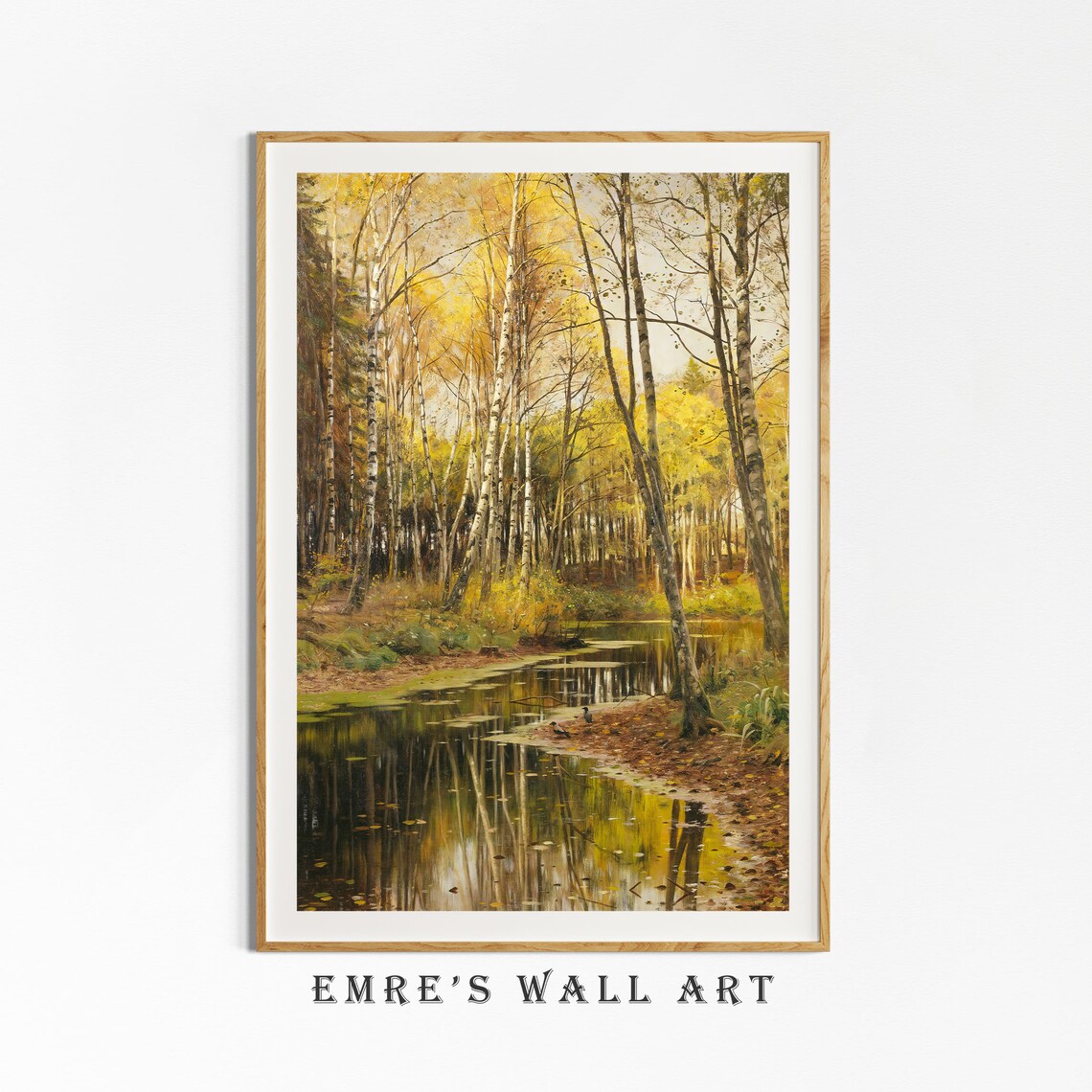 Golden Autumn Birch Forest Painting Pond Reflections Yellow Leaves Poster - Image 4