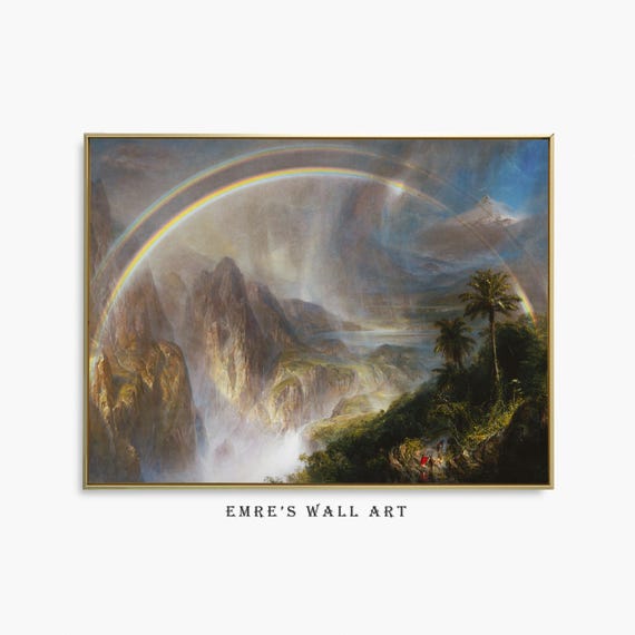 Tropical Scenery Oil Painting Vintage Rainbow Landscape Print Green Nature Wall Art Mountain And Tree Art