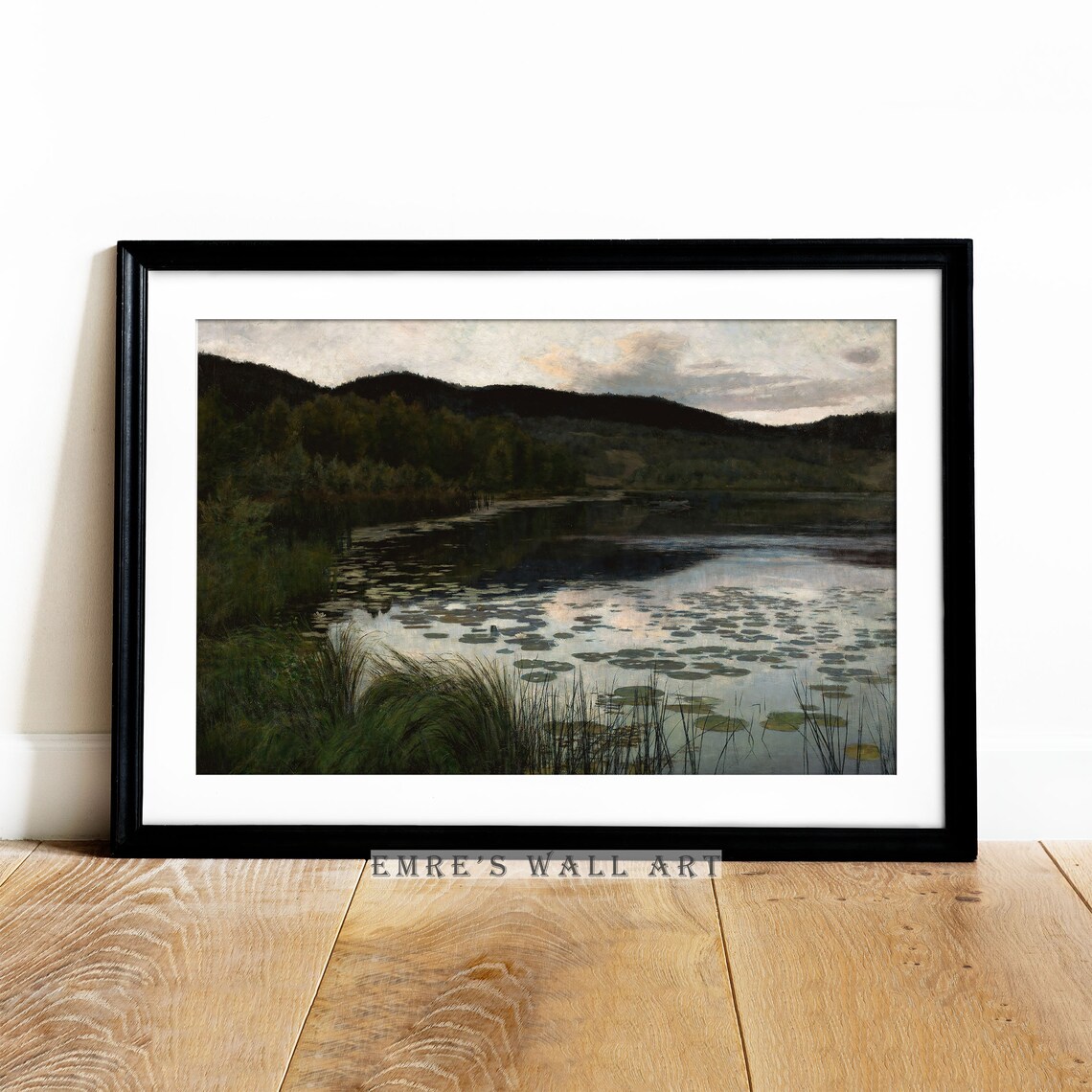 Moonlit Lily Pond Lake Reflections Vintage Night Oil Painting Print - Image 2