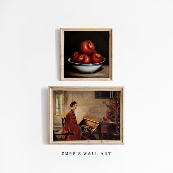 Apples In Bowl And Woman At Piano Vintage Artwork Set Poster