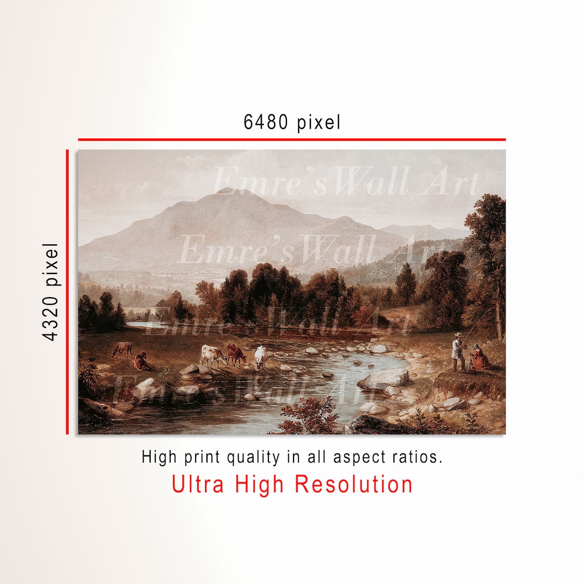 Cows Drinking River Rocky Shore Fishermen Vintage Landscape Painting Poster - Image 3