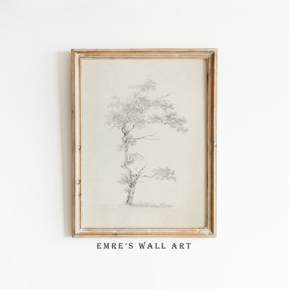 Vintage Tree Sketch Art Print, Neutral Farmhouse Decor