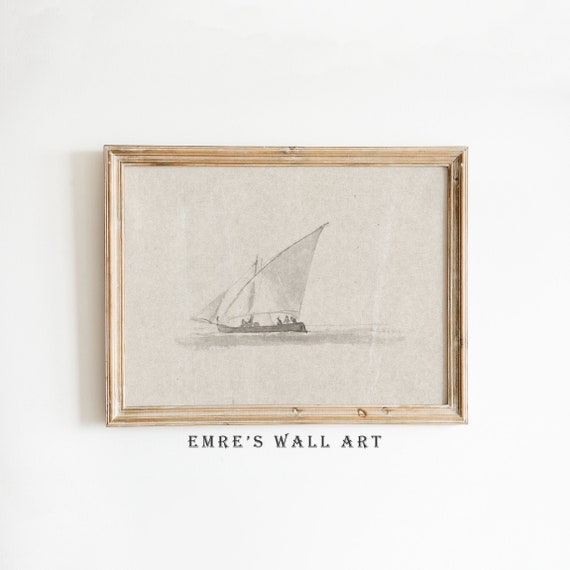 Vintage Sailboat Sketch Art Print, Antique Drawing