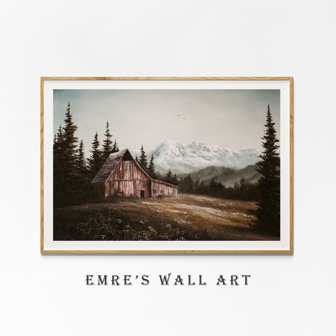 Rustic Old Wooden Barn Vast Snowy Mountains Pine Forest Poster - Image 2