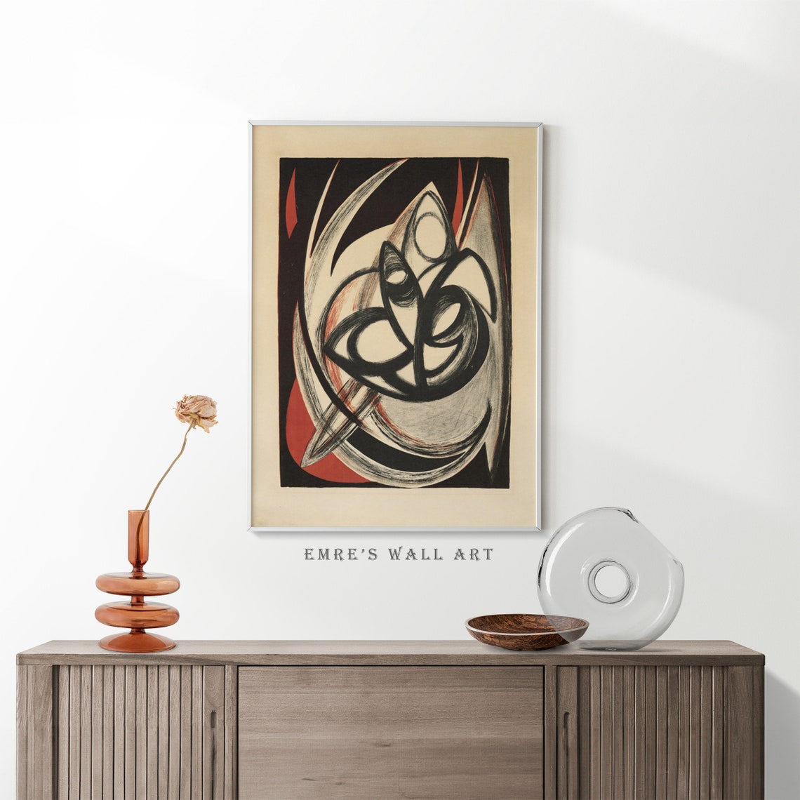 Black Red Cream Swirl Abstract Mid Century Modern Art Poster - Image 2