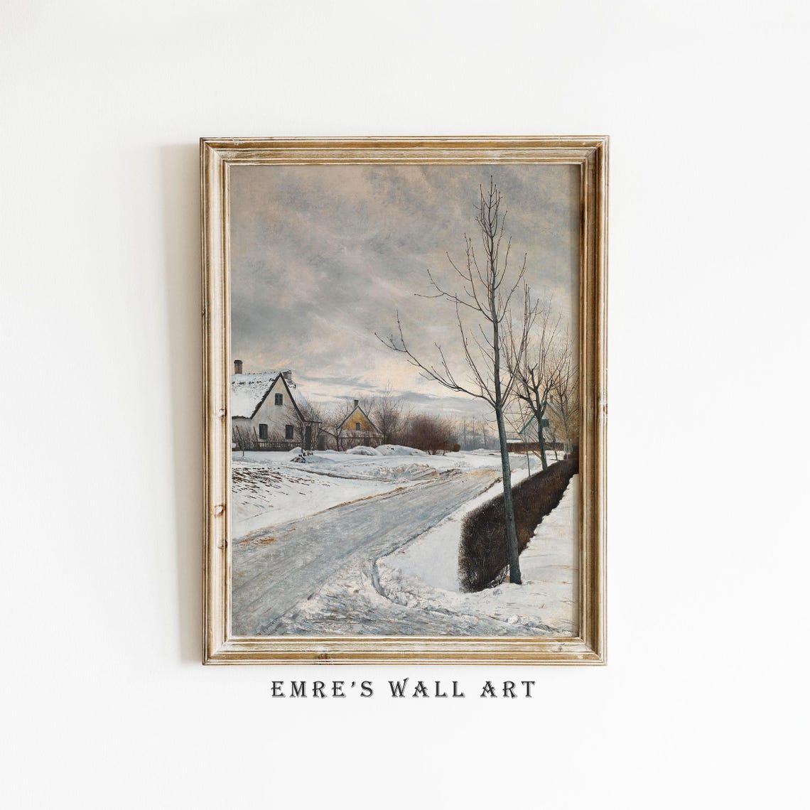 Neutral Winter Landscape Painting Snowy Country Wall Decor Vintage Christmas Holiday Art Print Winter Oil Painting