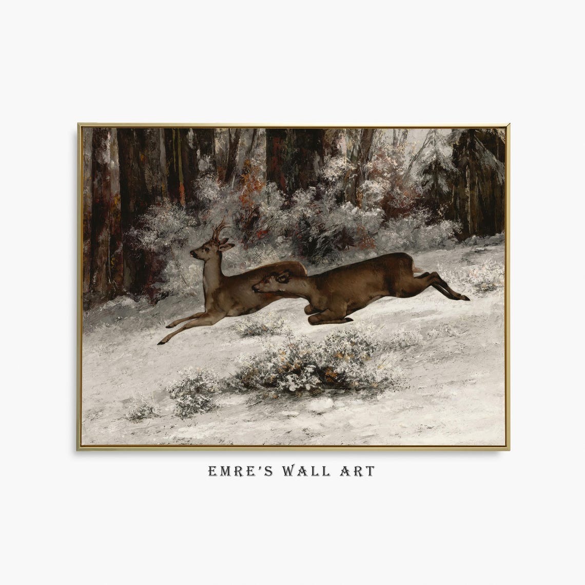 Deer Leaping Through Snowy Forest Vintage Wildlife Painting Poster