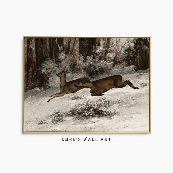 Deer Leaping Through Snowy Forest Vintage Wildlife Painting Poster