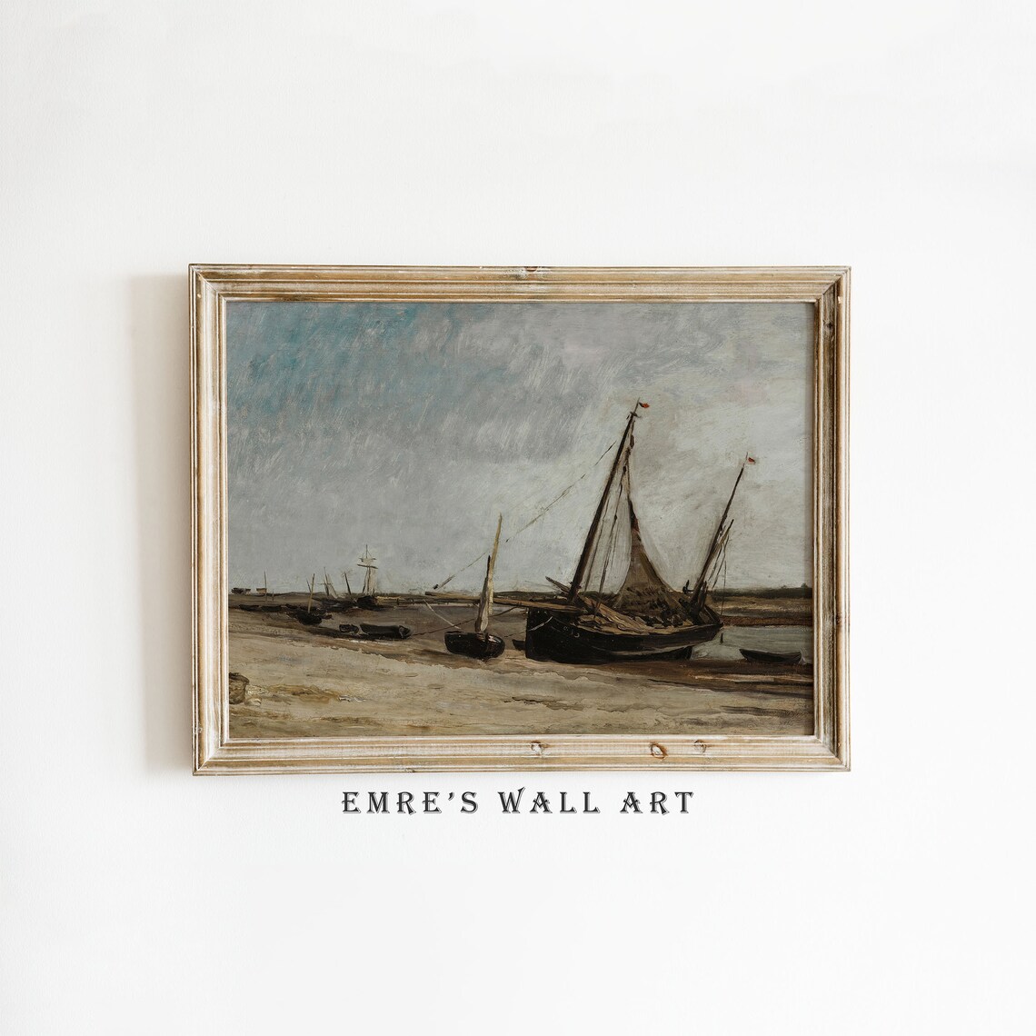 Beached Fishing Boats Vintage Seascape Gray Sky Coastal Painting Poster - Image 2