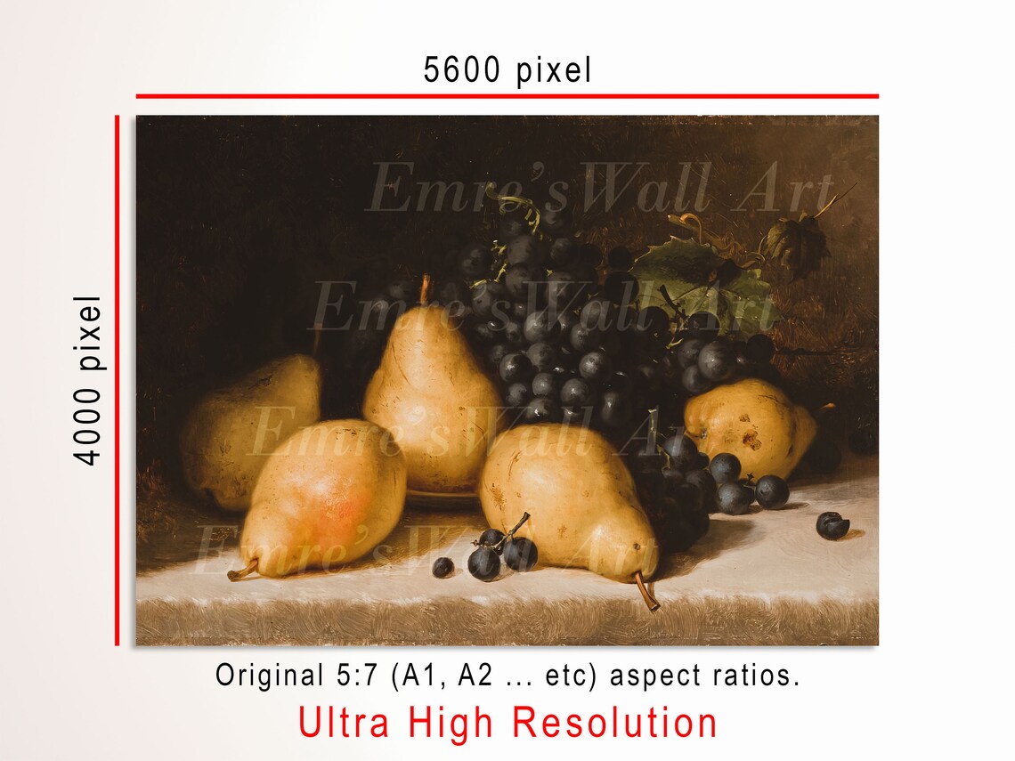 Pears Grapes And Yellow Roses Still Life Vintage Painting Poster - Image 4